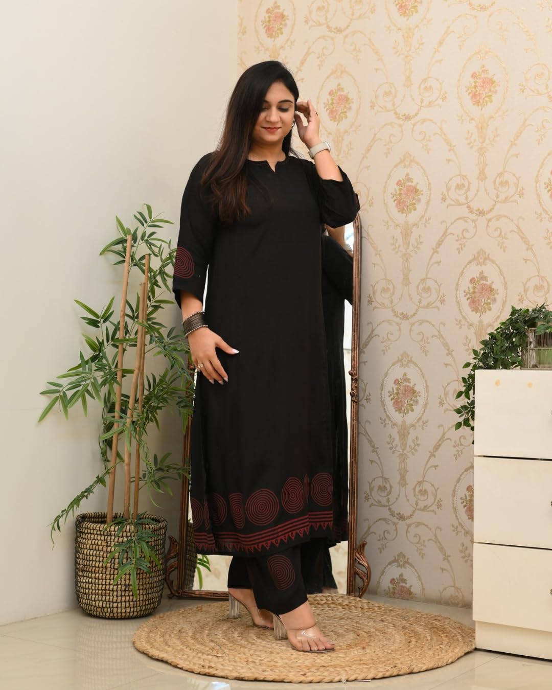 ANNI DESIGNER Womens Rayon Viscose Anarkali Printed Kurta with Pant (Ramkund Black_L_Black_Large)