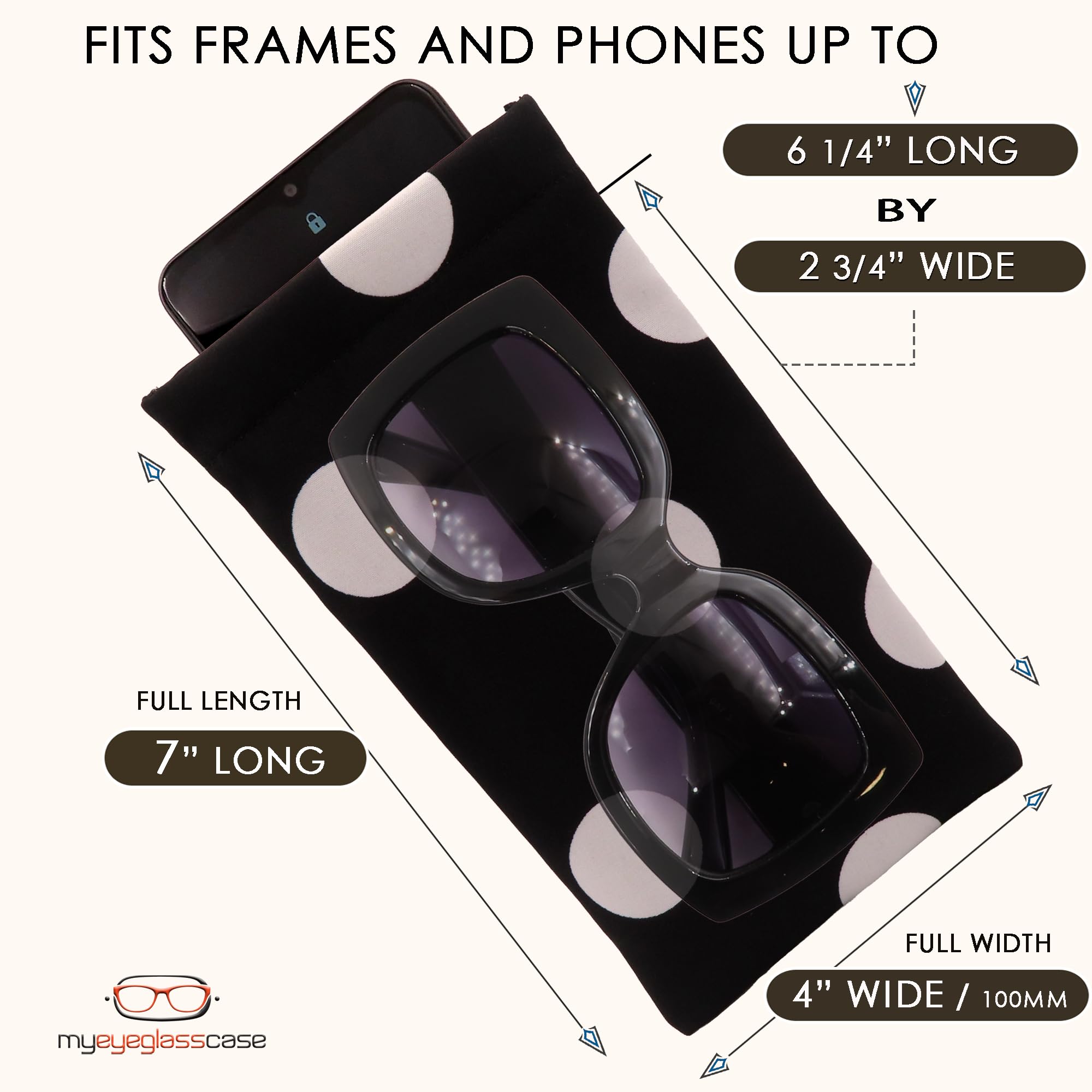 Polka Dots Soft Sunglasses case - Large Eyeglass case Squeeze Top - XL Glasses Holder w/Cloth, Medium To Oversized Frames, Smart