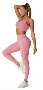 JEGGE High Waist Yoga Leggings with 4 Pockets,Tummy Control Workout Running 4 Way Stretch Cargo Pocket Leggings (Pink, Medium)