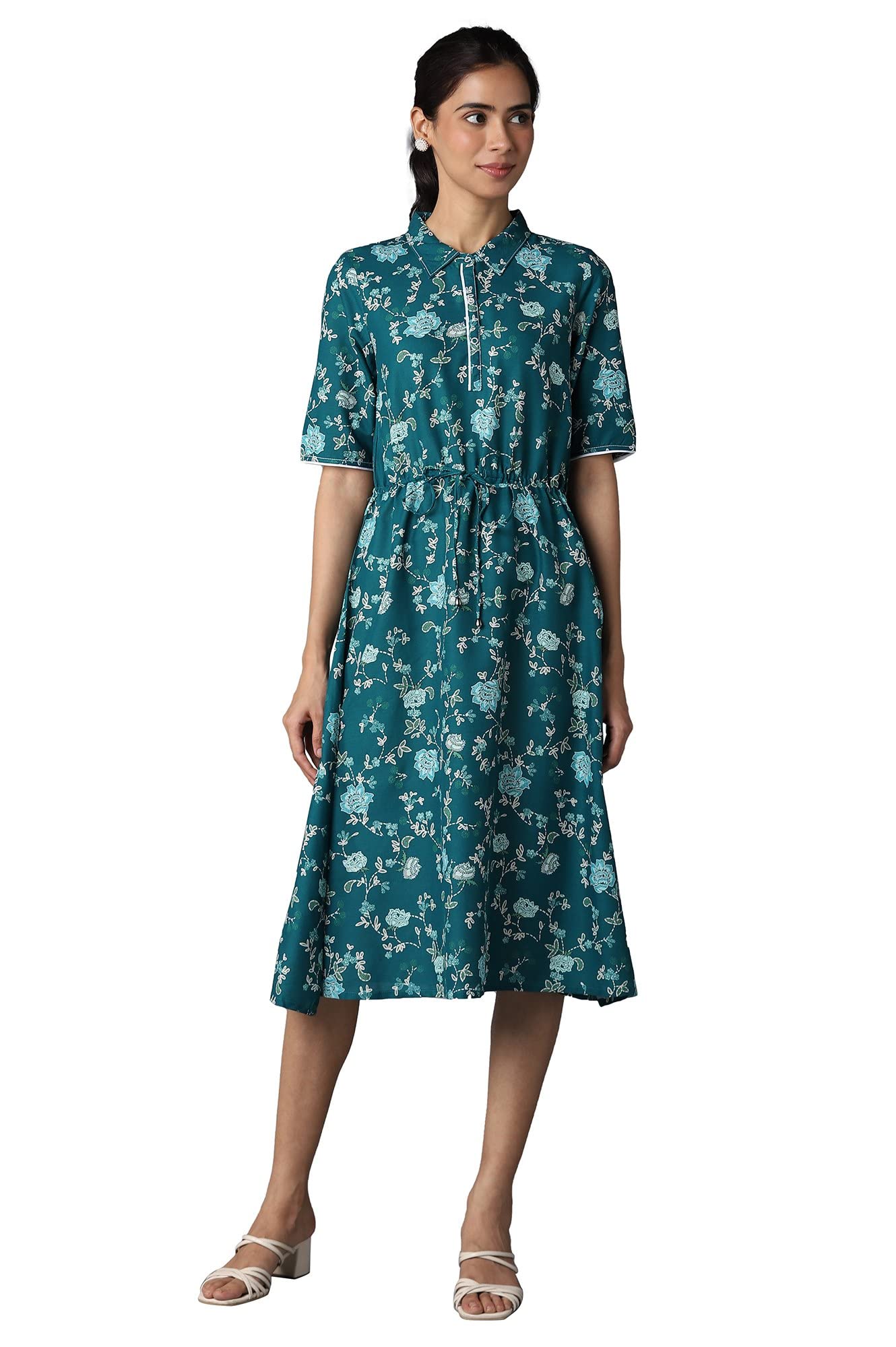 Aurelia Green Floral Printed Shirt Dress For Women