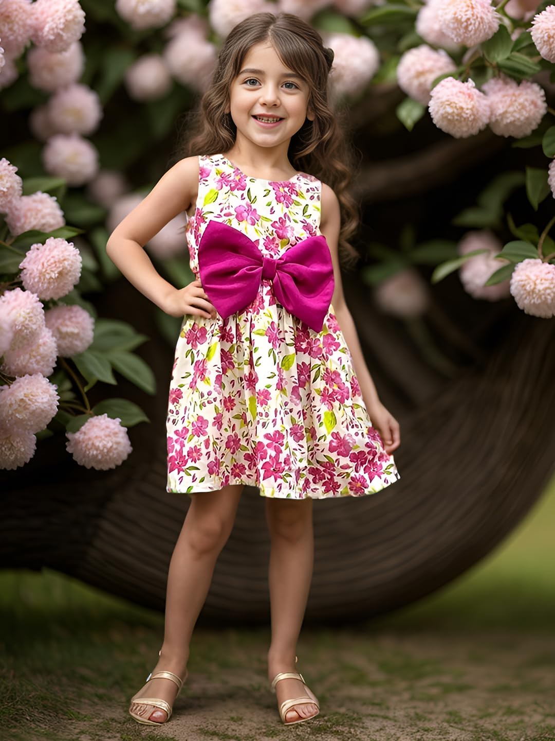 A.T.U.N. (ALL THINGS UBER NICE) Magenta Floral Printed Pambow Dress for Girls