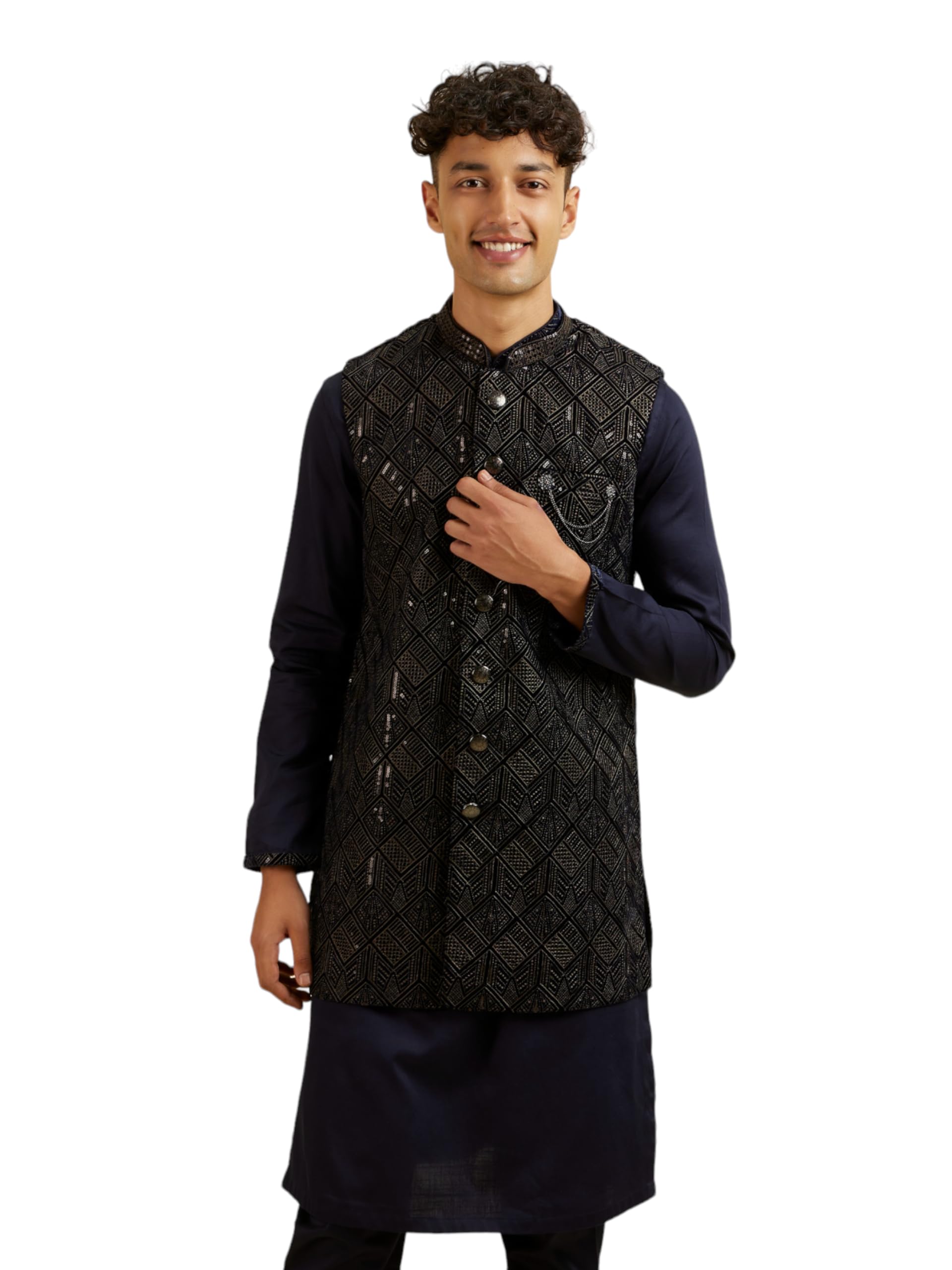 Manyavar MenS Velvet Embroidered|Sequins Jacket Set (Blue,S)