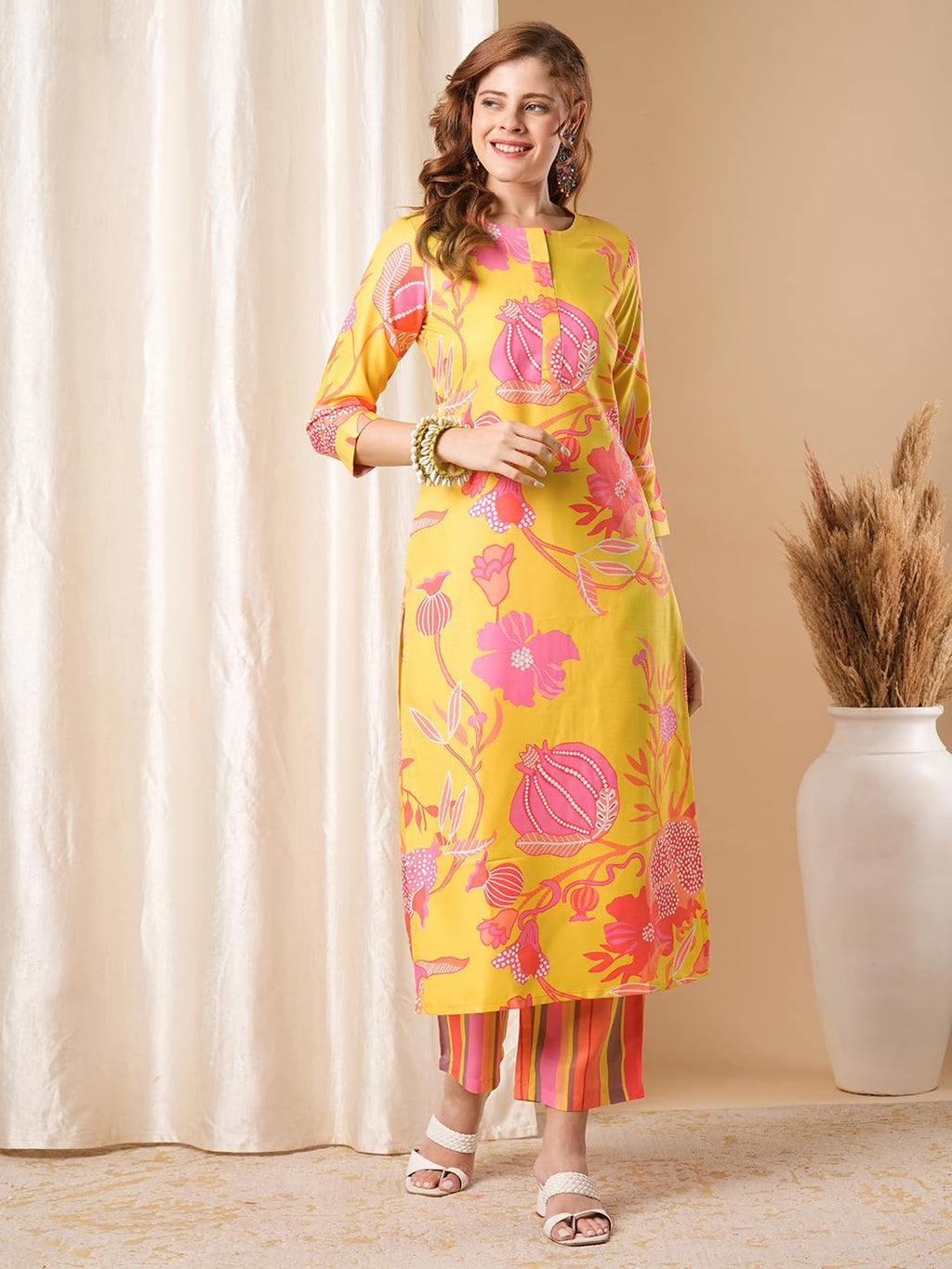 ANNI DESIGNER Women s Rayon Blend Kurta with Pants, Yellow, Medium