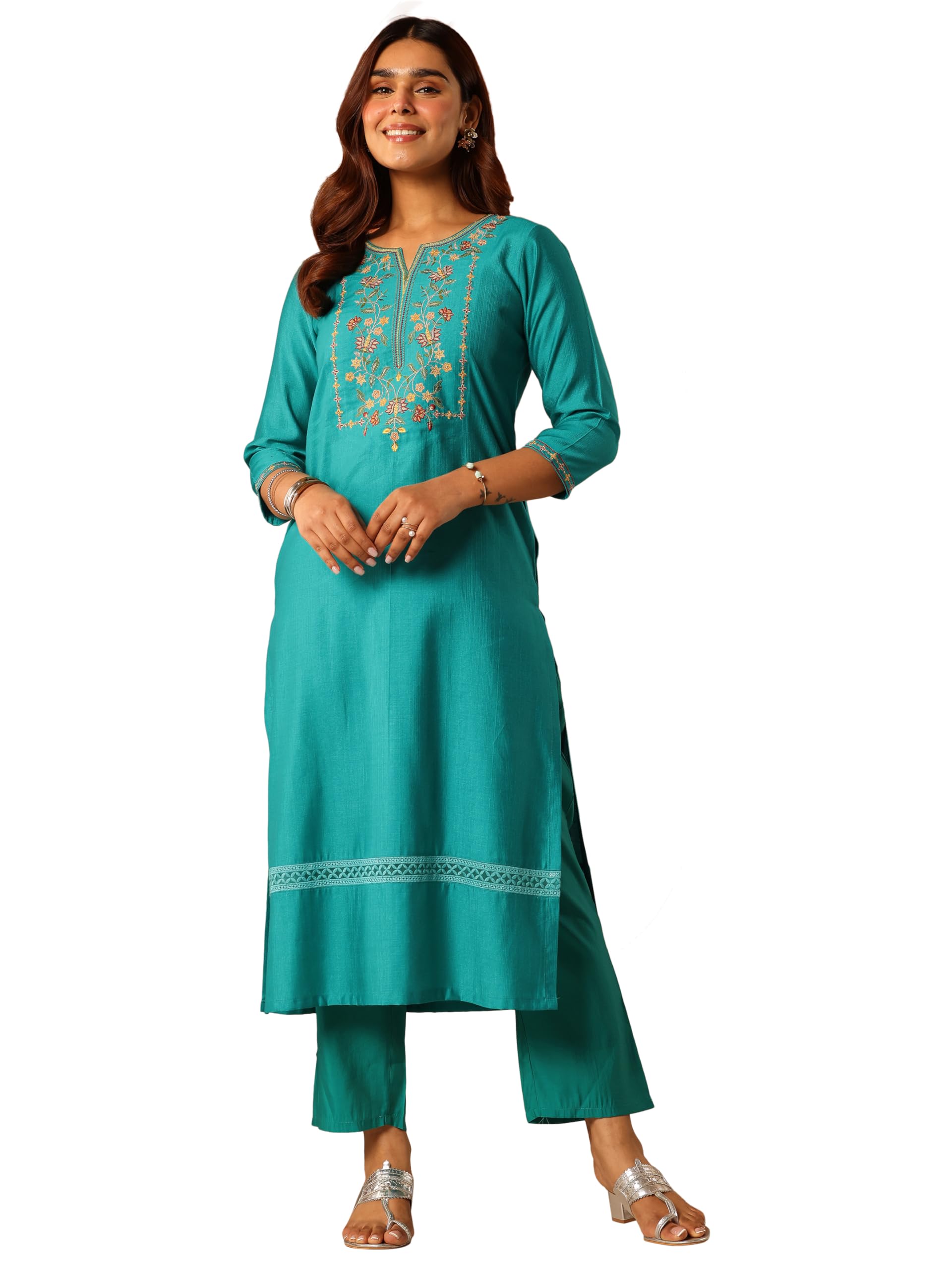 Gerua By Libas Embroidered Silk Blend Straight Kurta With Trousers