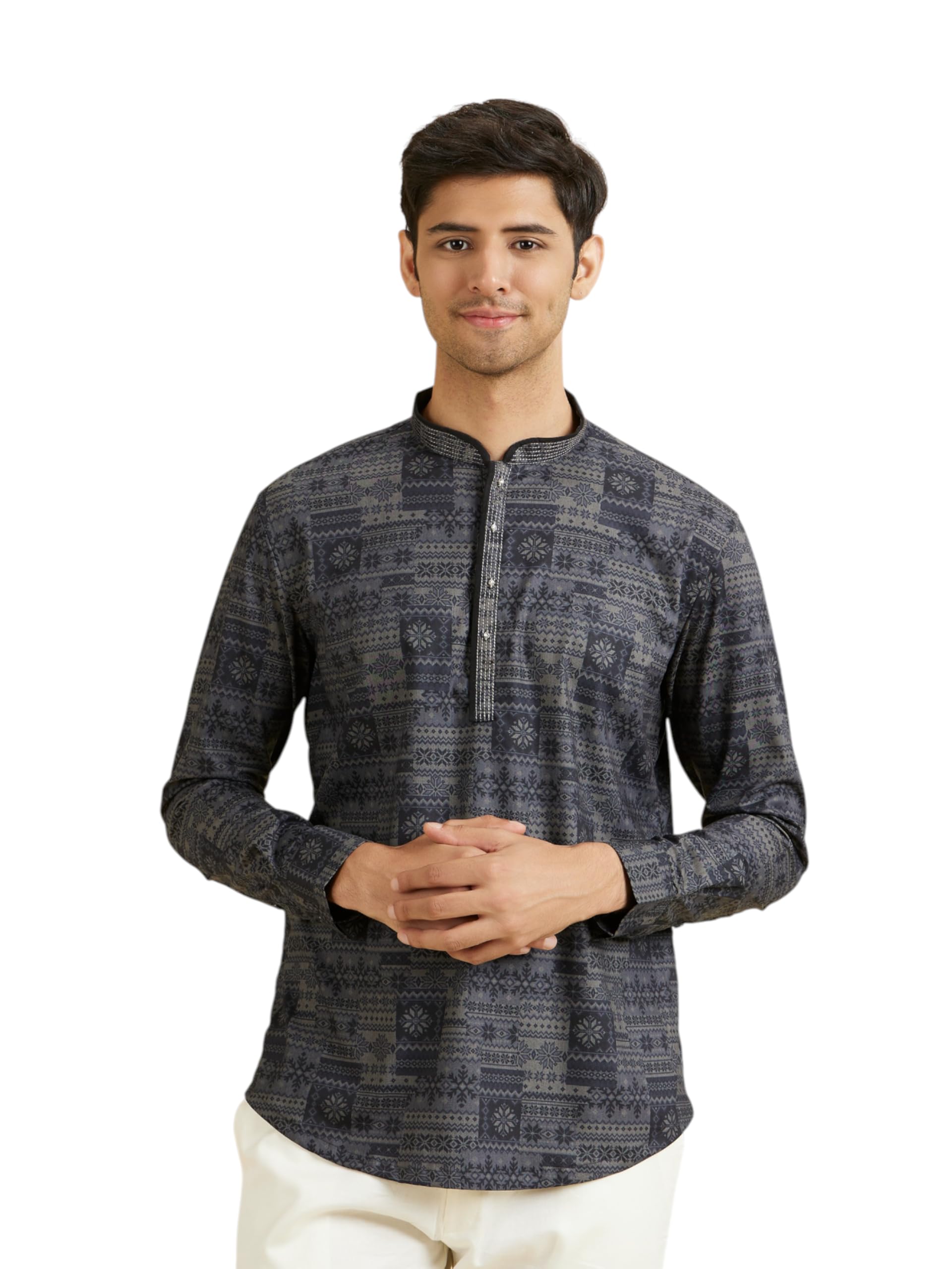 Manyavar Mens Cotton Blend Printed Short Kurta(Dark Grey,L)