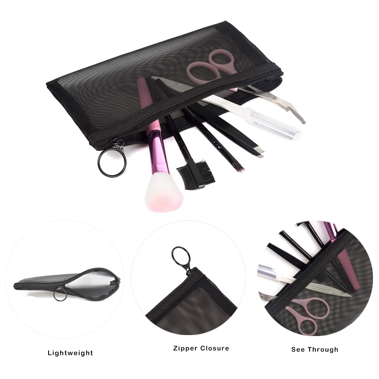 patu Zipper Mesh Bags, Pencil Case, 5 Pieces, Beauty Makeup Cosmetic Accessories Organizer, Travel Toiletry Kit Set Storage Pouc