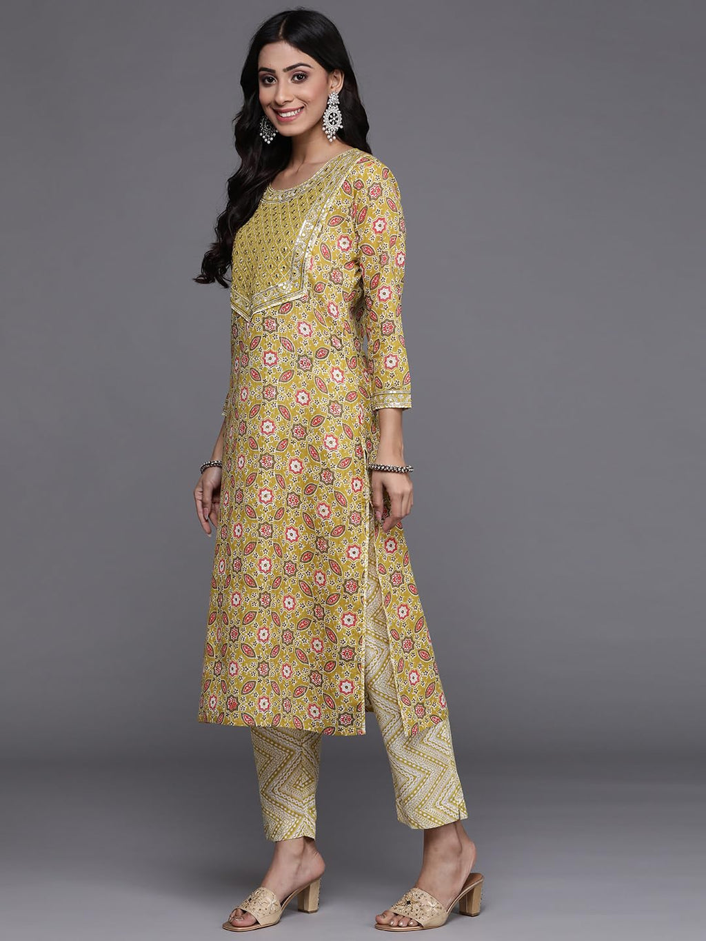 Varanga Women Lime Green Colored Printed Embroidered Kurta With Straight Pant And Dupatta