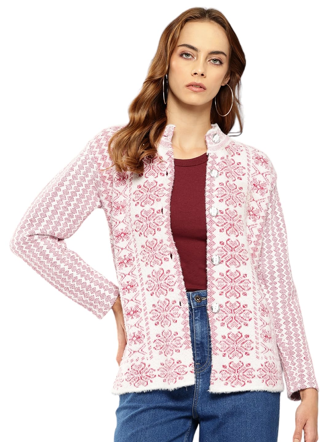 Aarika Womens Blue Colour Floral Woolen Cardigan (S-L)