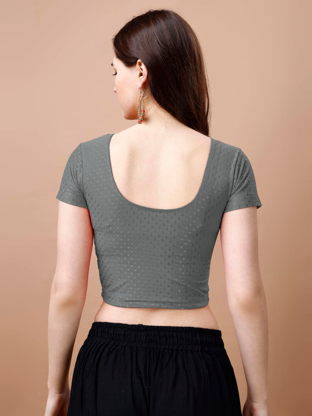 Pujia Mills WomenS Readymade Dobby Cotton Lycra Stretchable Round Neck Short Sleeve Blouse Fancy Grey Color Lycra Stretchable B