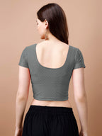Pujia Mills WomenS Readymade Dobby Cotton Lycra Stretchable Round Neck Short Sleeve Blouse Fancy Grey Color Lycra Stretchable B