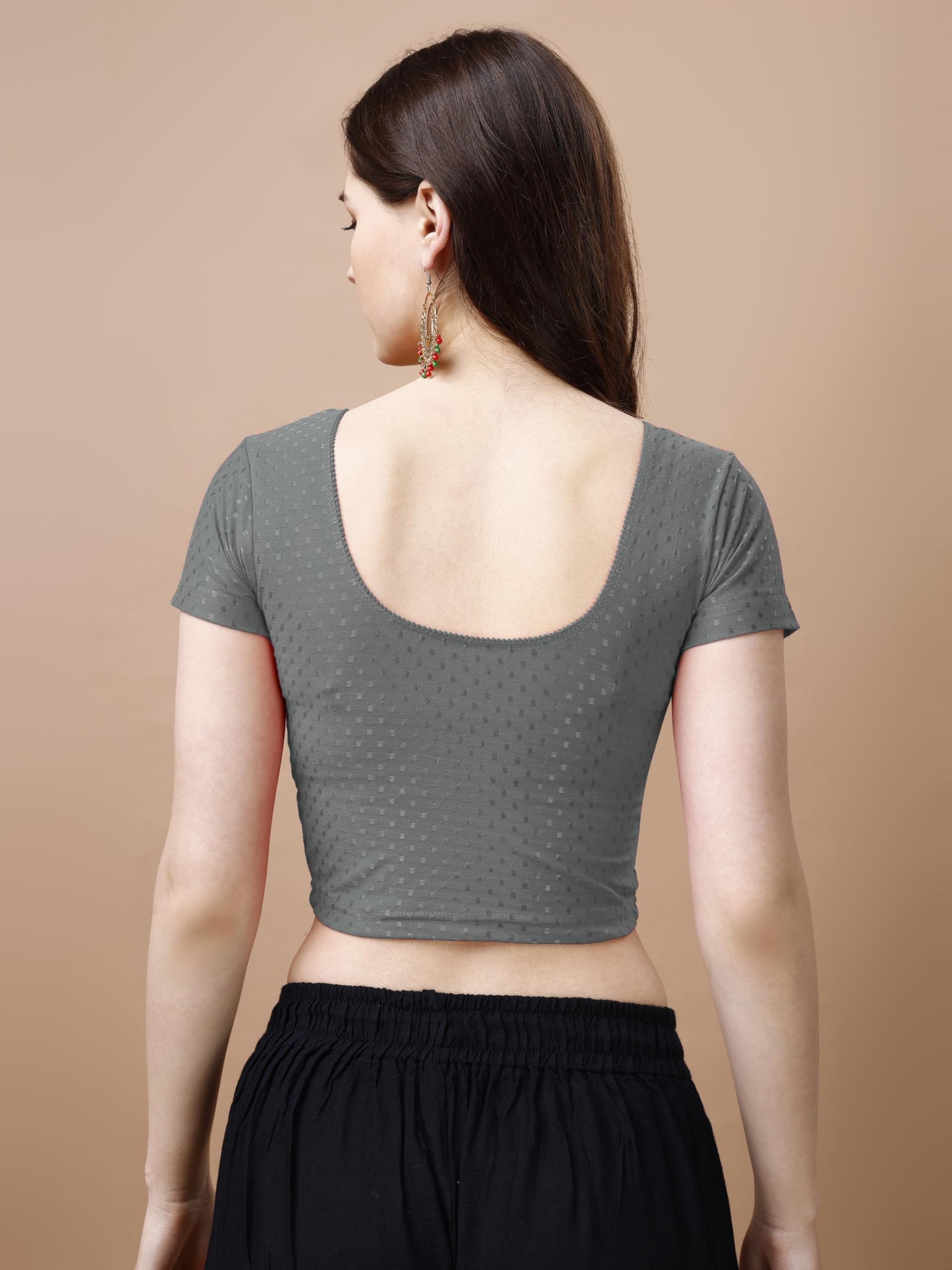 Pujia Mills WomenS Readymade Dobby Cotton Lycra Stretchable Round Neck Short Sleeve Blouse Fancy Grey Color Lycra Stretchable B