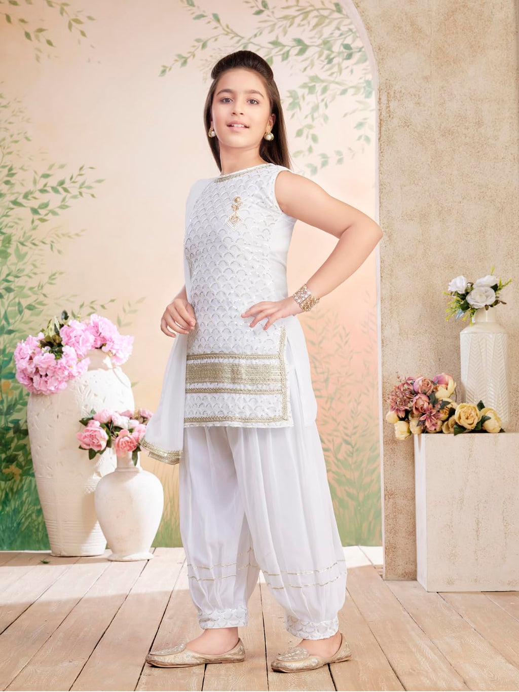 Aarika Girls Ethnic Wear White Colour Sequin Embroidery/Lace Work Georgette Kurti Patiala Set with Dupatta-(3-13 Years)-(PT-1801