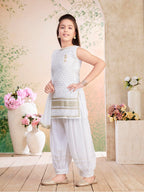 Aarika Girls Ethnic Wear White Colour Sequin Embroidery/Lace Work Georgette Kurti Patiala Set with Dupatta-(3-13 Years)-(PT-1801