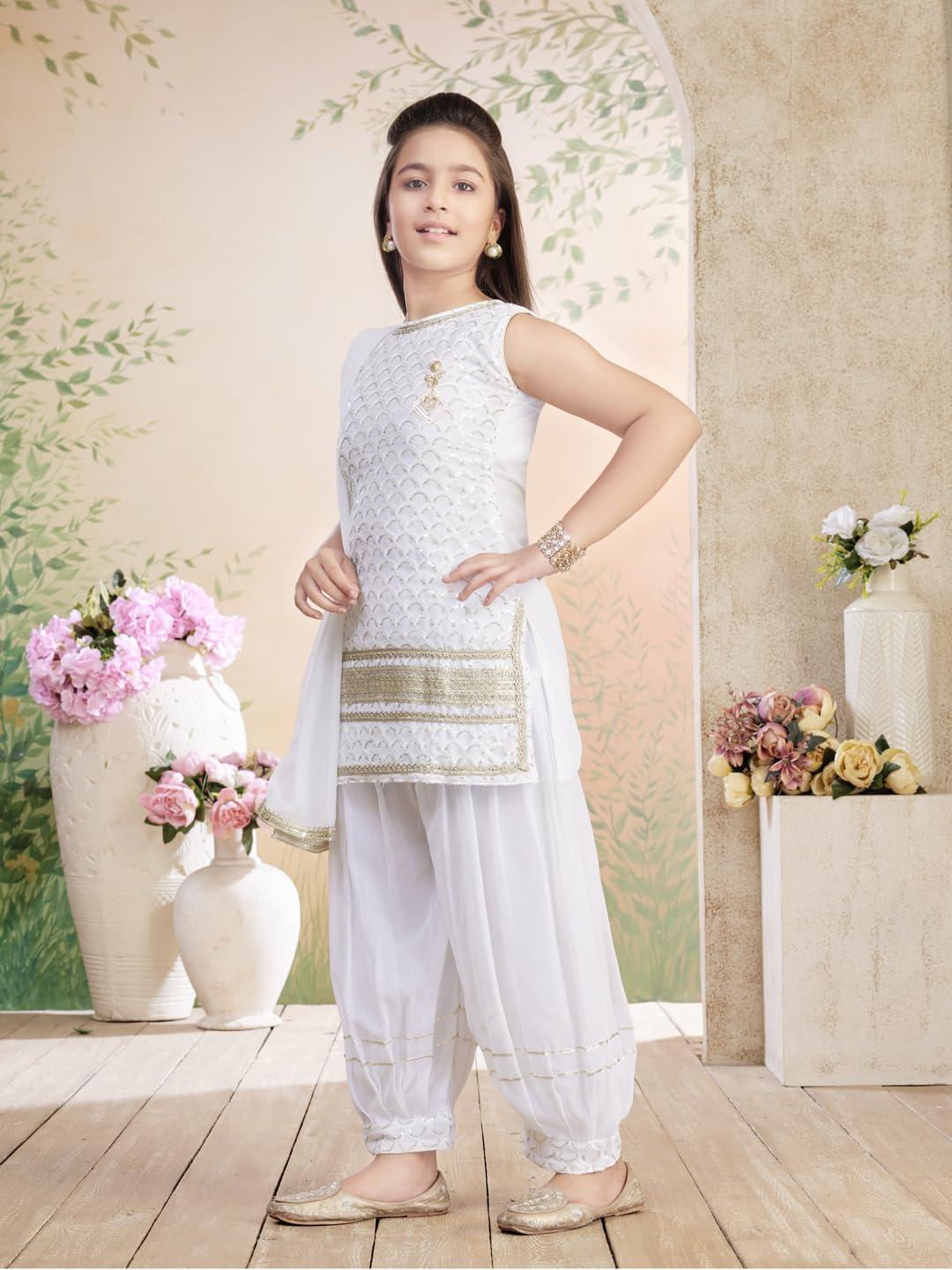 Aarika Girls Ethnic Wear White Colour Sequin Embroidery/Lace Work Georgette Kurti Patiala Set with Dupatta-(3-13 Years)-(PT-1801