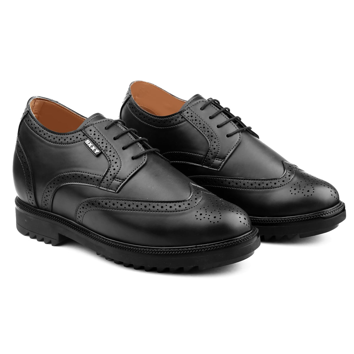 BXXY Mens 3.5 Inch Hidden Height Increasing, Faux Leather Material Black Casual Brogue Formal Laceup, Derby Shoes. 7 UK 7