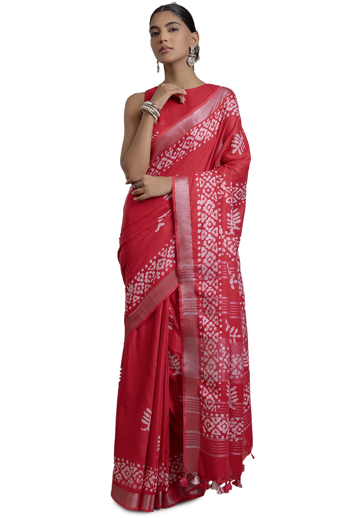 Soch Women Linen Batik Print Sarees with Tassels
