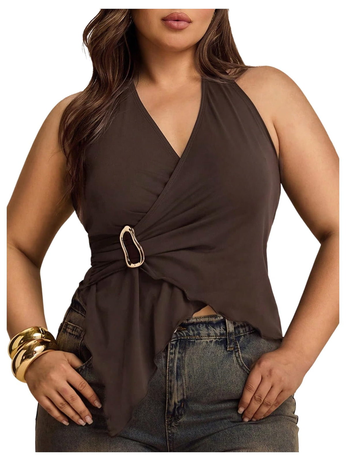 Floerns Womens Plus Size Metal Ring Wrap Halter Tops Sleeveless Asymmetrical Hem Y2k Going Out Tank Top, Brown, XXLarge Plus 2