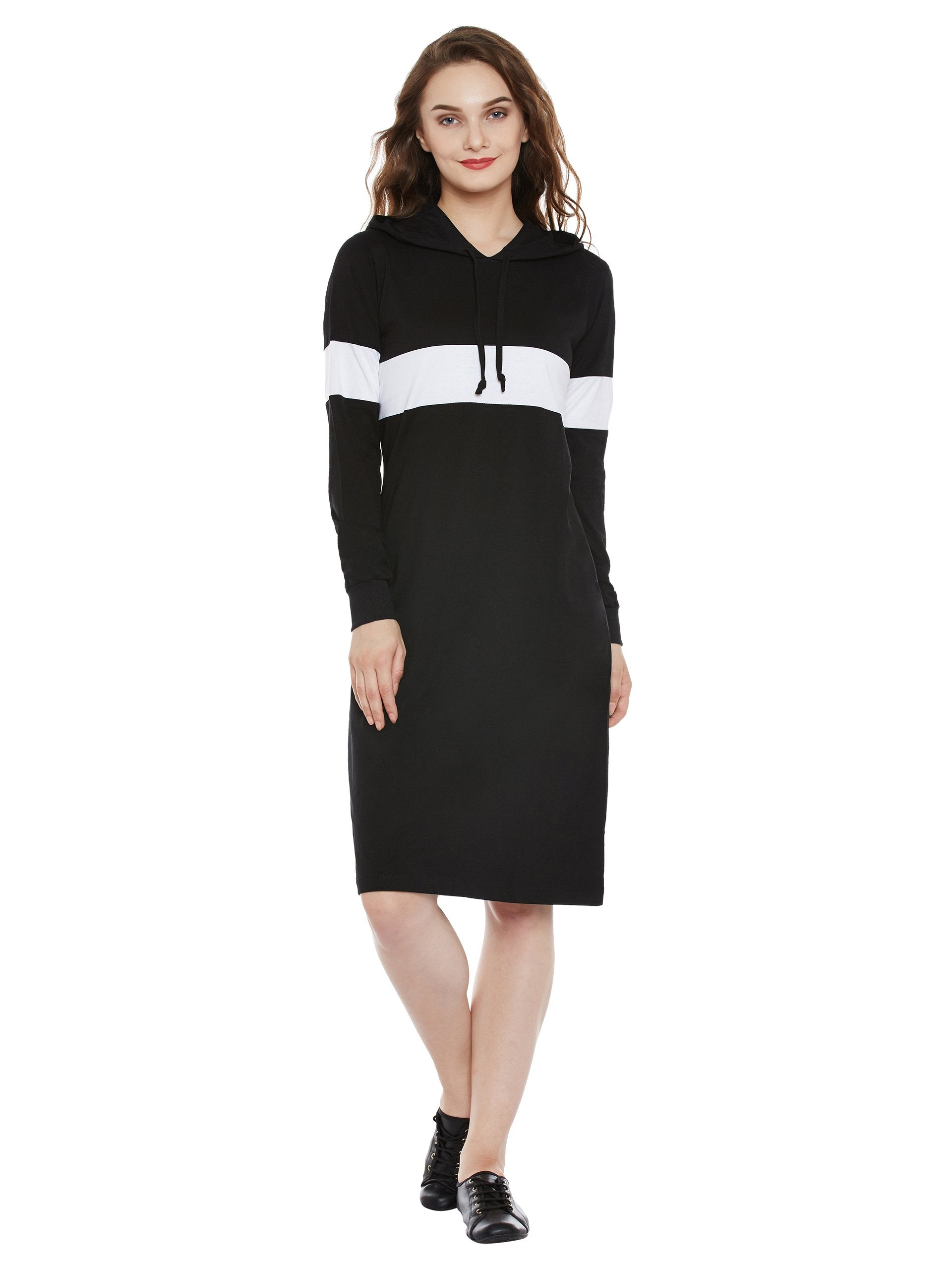 Miss Chase WomenS Super Comfortable Round Neck Full Sleeves Cotton Solid Hooded Knee-Long Dress | 4 Colors(Mcaw17D09-89-62-03, 