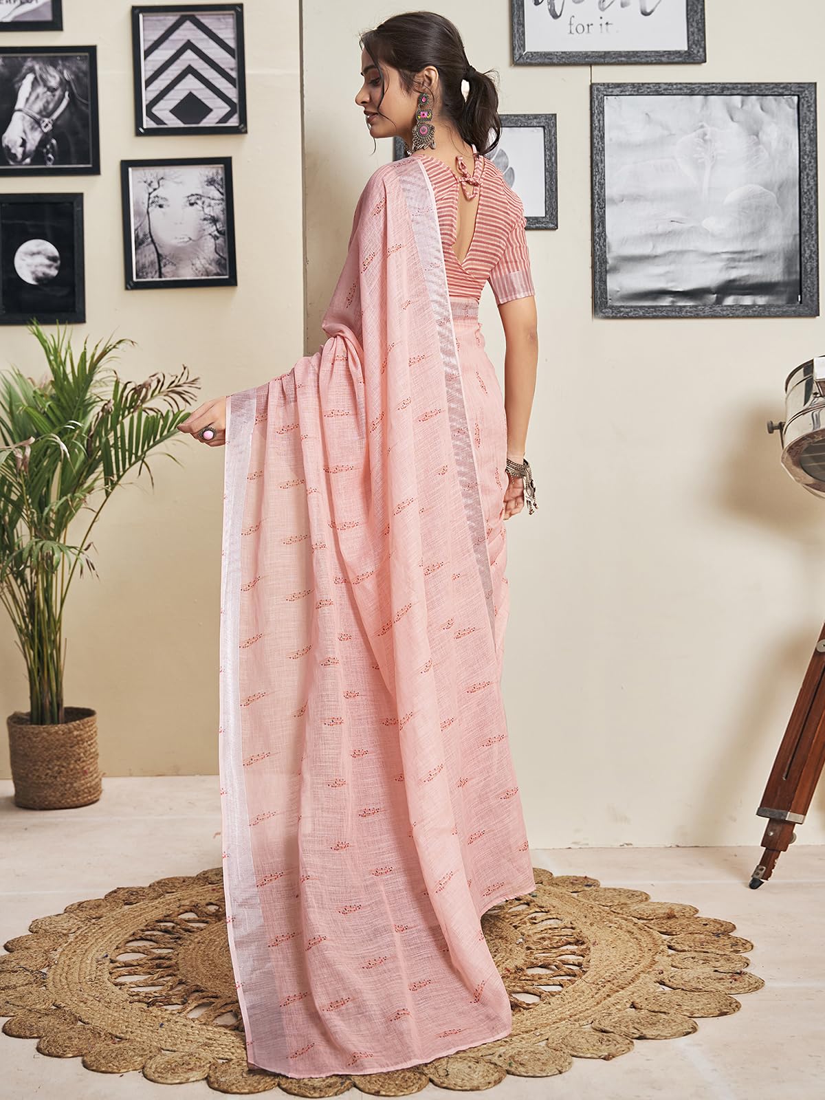 Satrani Womens Cotton Printed Zari Stripe Ready To Wear Saree with Unstitched Blouse Piece