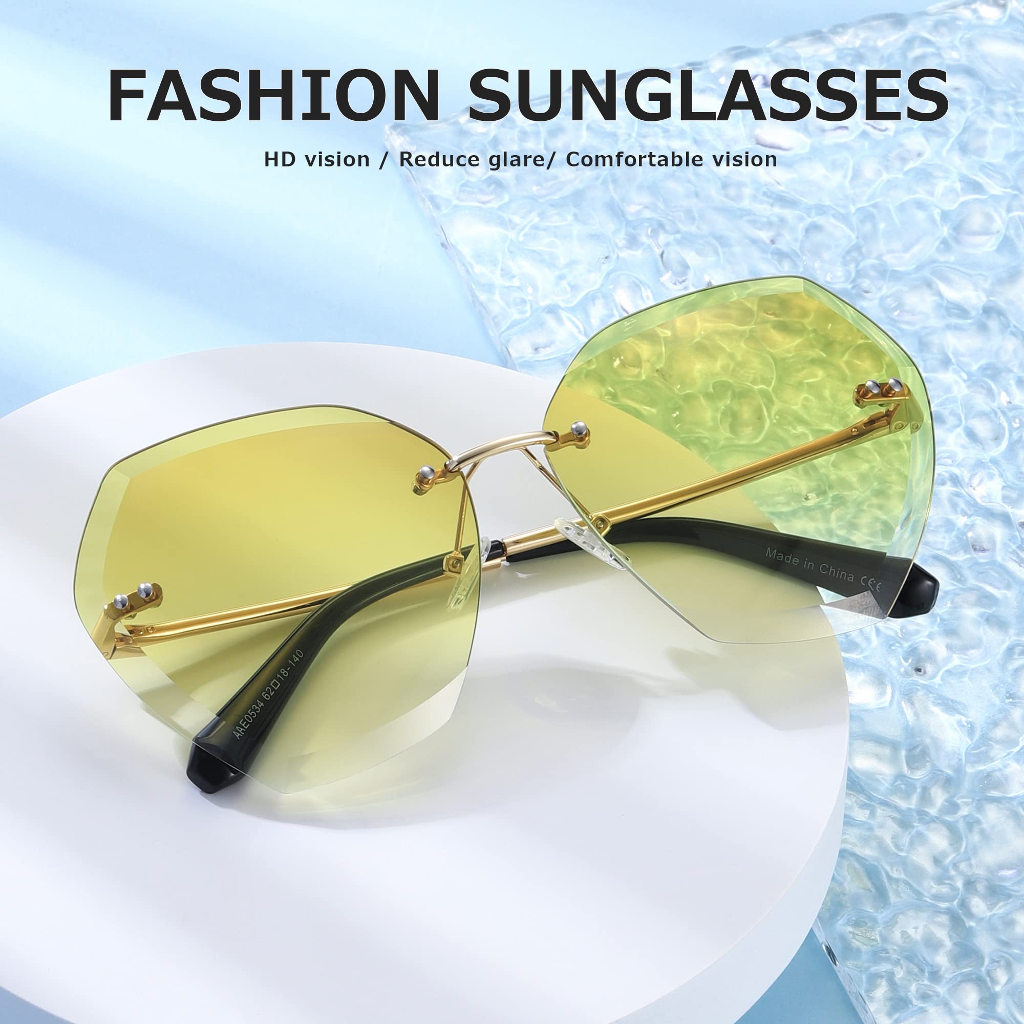 AEVOGUE Sunglasses For Women Oversized Rimless Diamond Cutting Lens Sun Glasses AE0534 (Gold&Yellow)