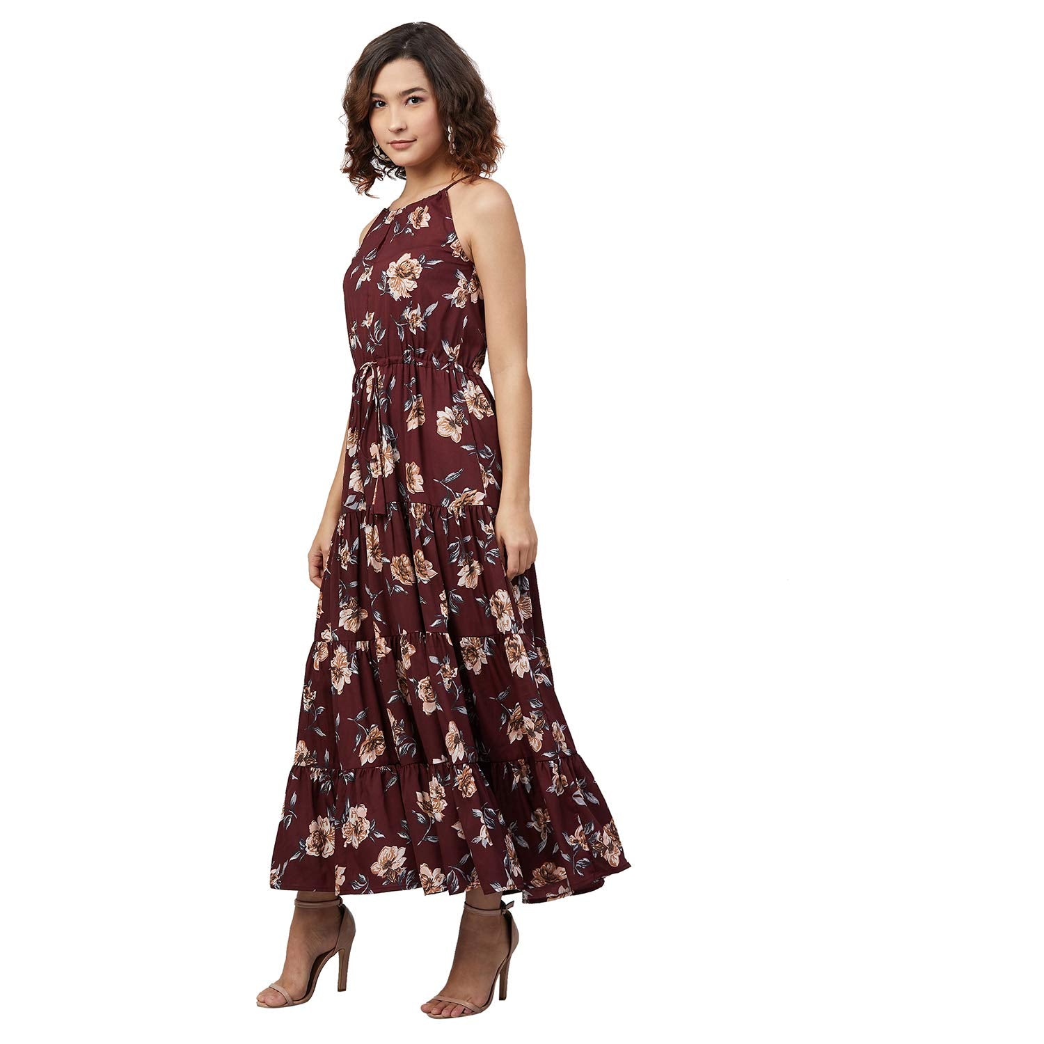 Rare Women'S Crepe Fit And Flare Maxi Casual Dress (Ep7009_Wine_Medium)