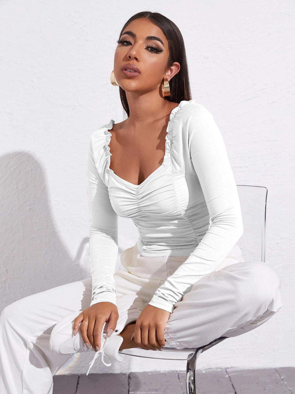 AVANOVA Womens & Girls White Full Sleeve, Sweat Hear Neck, Frill Trim Ruched Crop Top for Women, Tops, T-Shirts for Girls (TOP