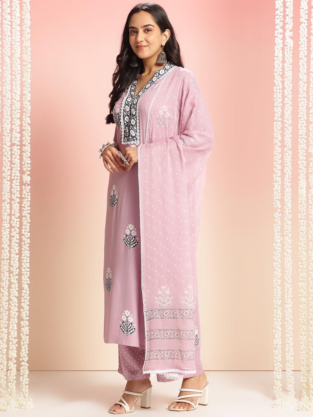 ANNI DESIGNER Womens Rayon Viscose Printed Straight Kurta with Pant & Dupatta (Belagavi Purple-VKS05_M_Purple_Medium)