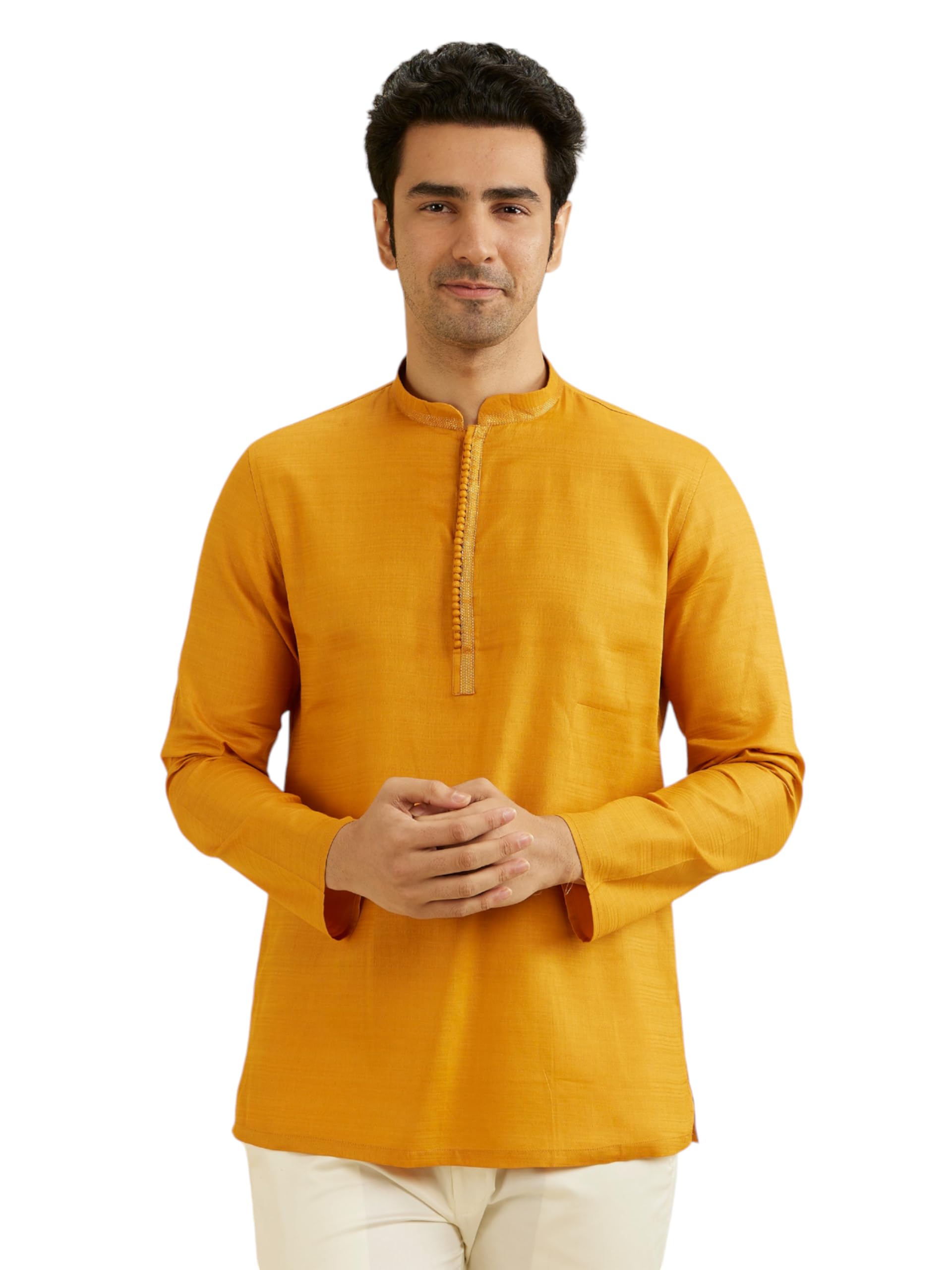 Manyavar Mens Cotton Solid Casual Short Kurta (Mustard,L)