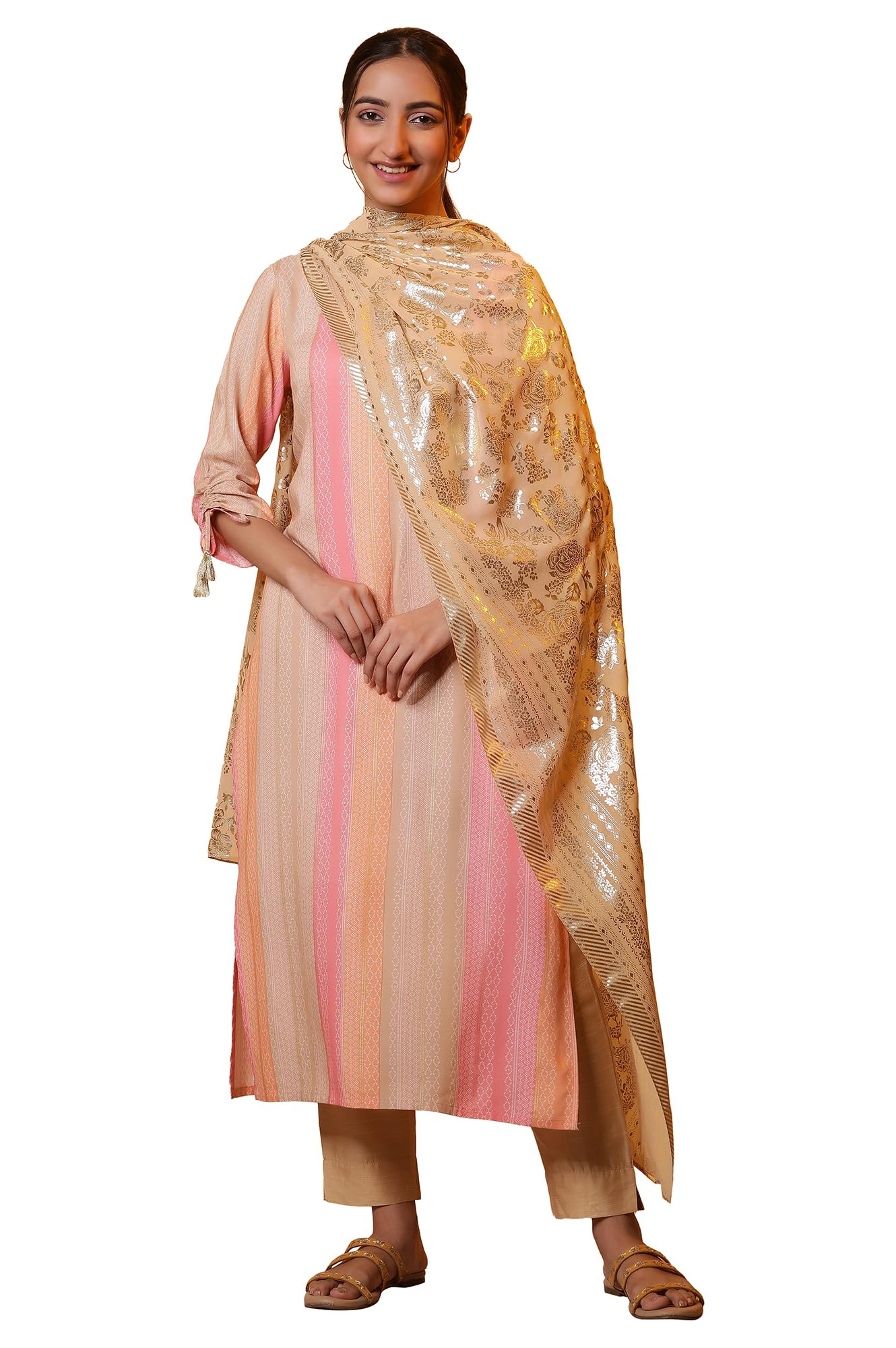 Aurelia Gold Floral Printed Dupatta (Size: Free Size)-24FEA80002-508195