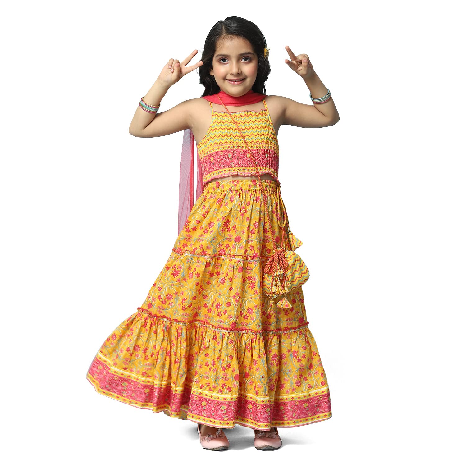 Biba Girls Yellow Printed Cotton Lehenga Set