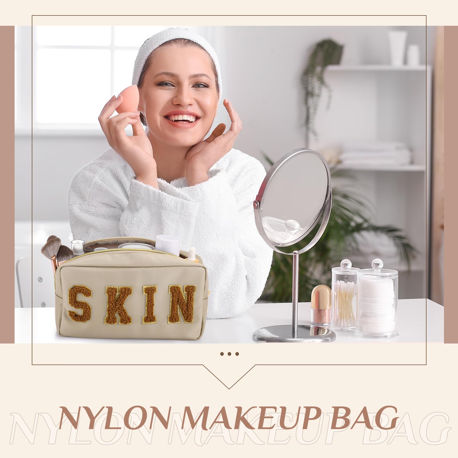 4 Pcs Preppy Makeup Bag Chenille Letter Nylon Cosmetic Bag Makeup Organizer Bag Toiletry Cosmetic Case Preppy Bag with Zipper St