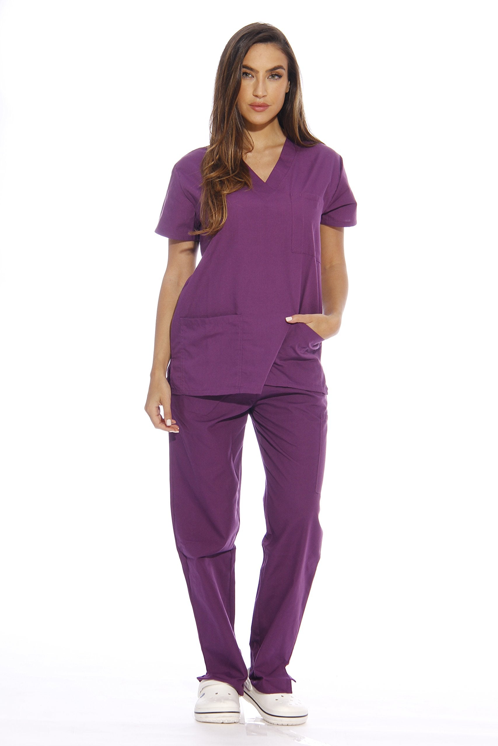 Just Love Womens Scrub Sets Six Pocket Medical Scrubs (V-Neck With cargo Pant), Eggplant, Large