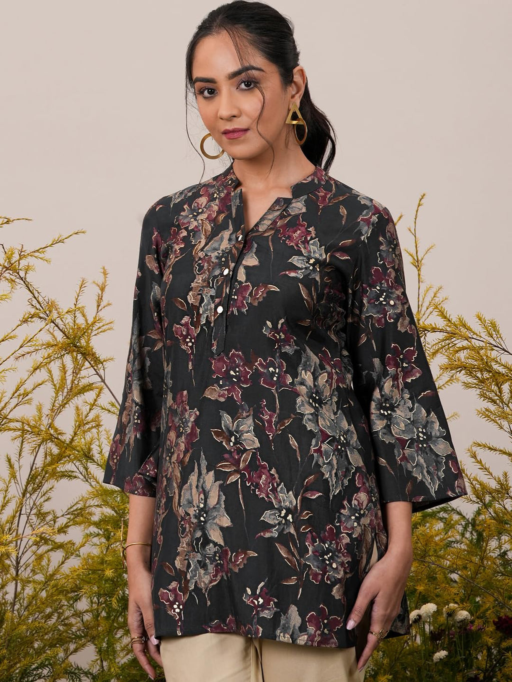 Libas Black Printed Aline Silk Blend Kurti