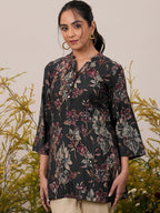 Libas Black Printed Aline Silk Blend Kurti