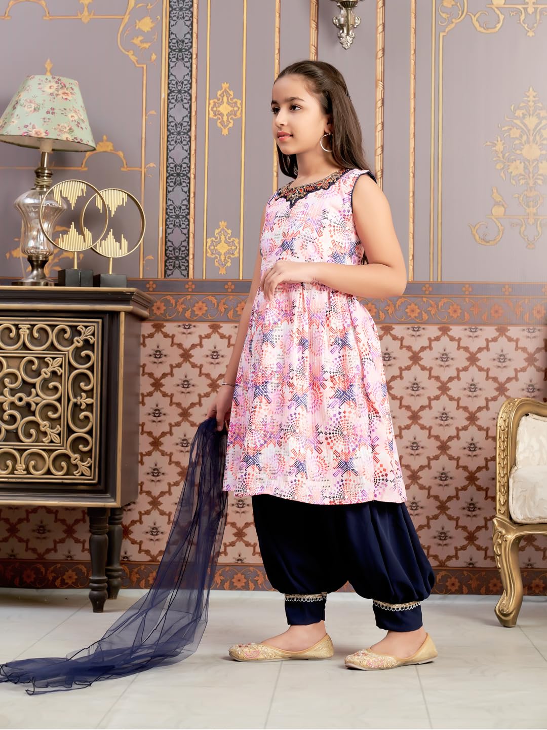 Aarika Girls Ethnic Wear Navy Blue-White Colour Beads Hand Embroidery Cotton Blend Kurti Patiala Set With Dupatta-3-9 Years (Pt-
