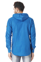 Besix MenS Blue Tailored Fit Cotton Blend Shirt For Man With Hoodie - Casual Long Sleeve Shirt With Pockets - Patch Detail For