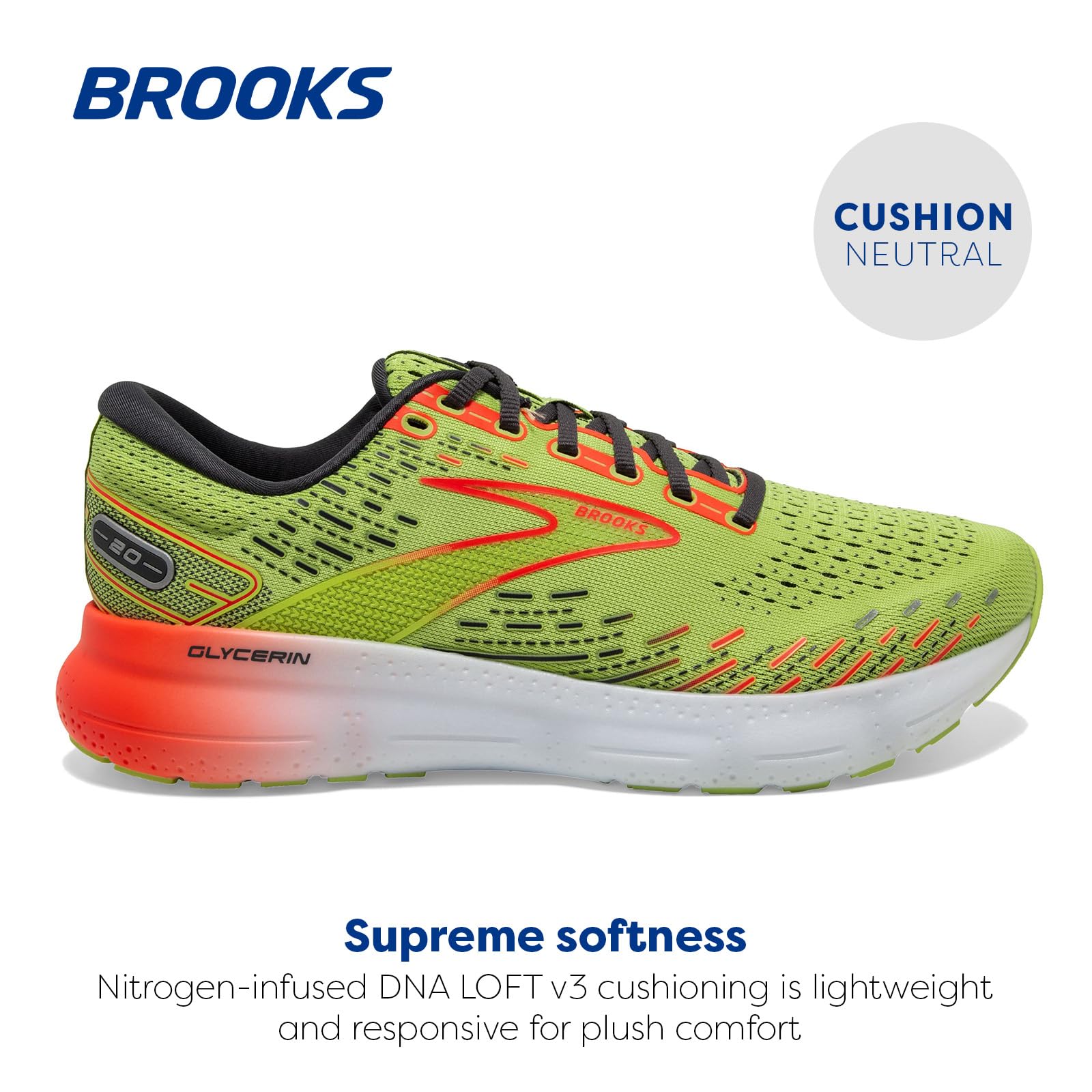 Brooks Men's Glycerin 20 Neutral Running Shoe - Lime/Red/Ebony - 9.5 Medium