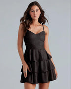 Addyvero V-Neck Shoulder Straps Sleeve Glam Glitter Ruffled Tiered Fit Above Knee Length Women Solid Fit And Flare Dress (Black,
