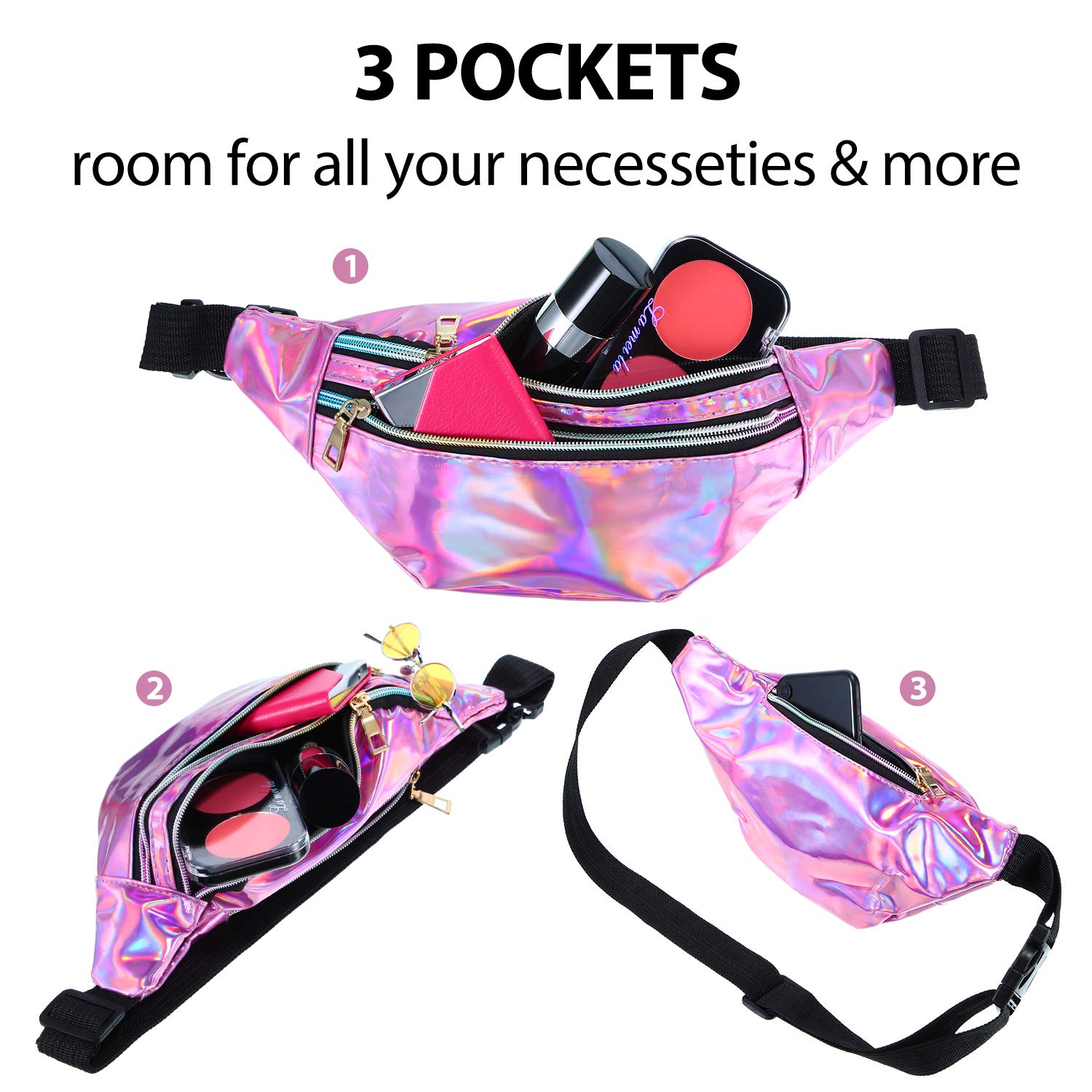 Frienda 2 Pieces Holographic Fanny Pack for Women Colorful Sport Waist Bag Pack(Shiny Silver, Pink)