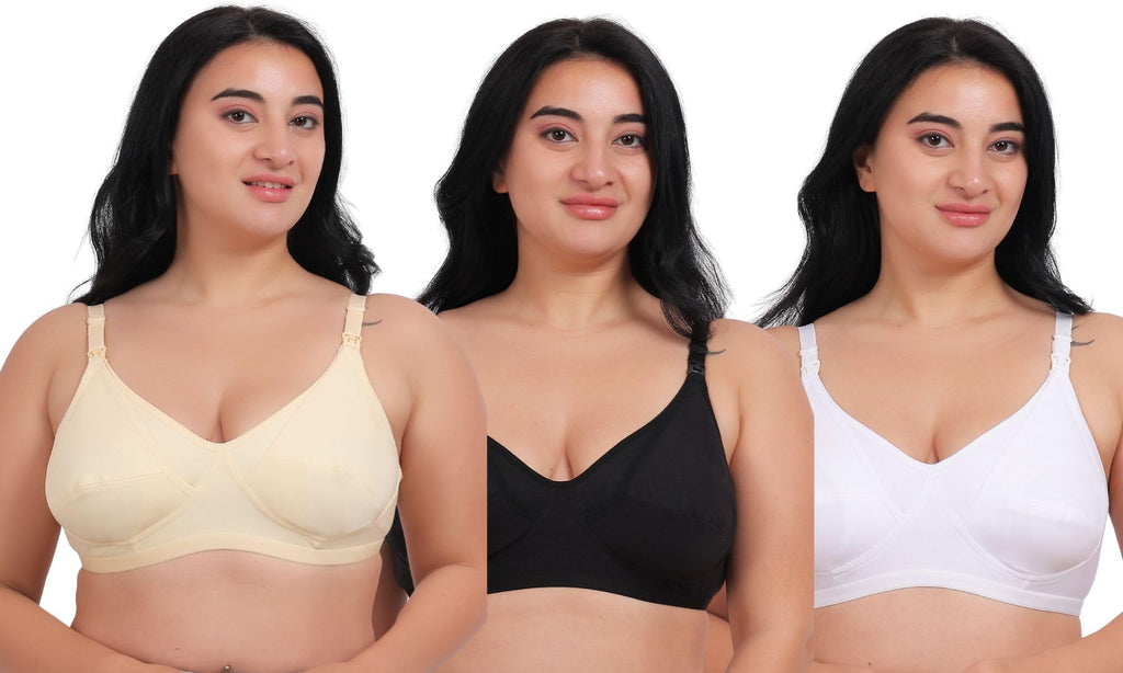 Fabme WomenS Cotton Wire Free Casual Nursing Bra (Pack Of 3) (Po3-Br_14_Skin, White, Black
