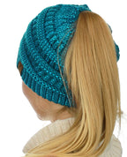 C.C BeanieTail Soft Stretch Cable Knit Messy High Bun Ponytail Beanie Hat, Teal Metallic