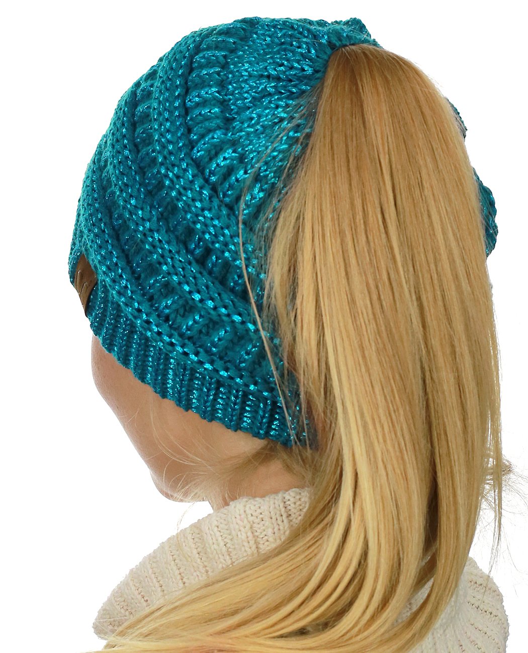 C.C BeanieTail Soft Stretch Cable Knit Messy High Bun Ponytail Beanie Hat, Teal Metallic