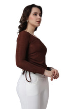 POPWINGS Casual Self Design Regular Fit Polyester Full Sleeves Crop Tops for Women with Crush String Brown
