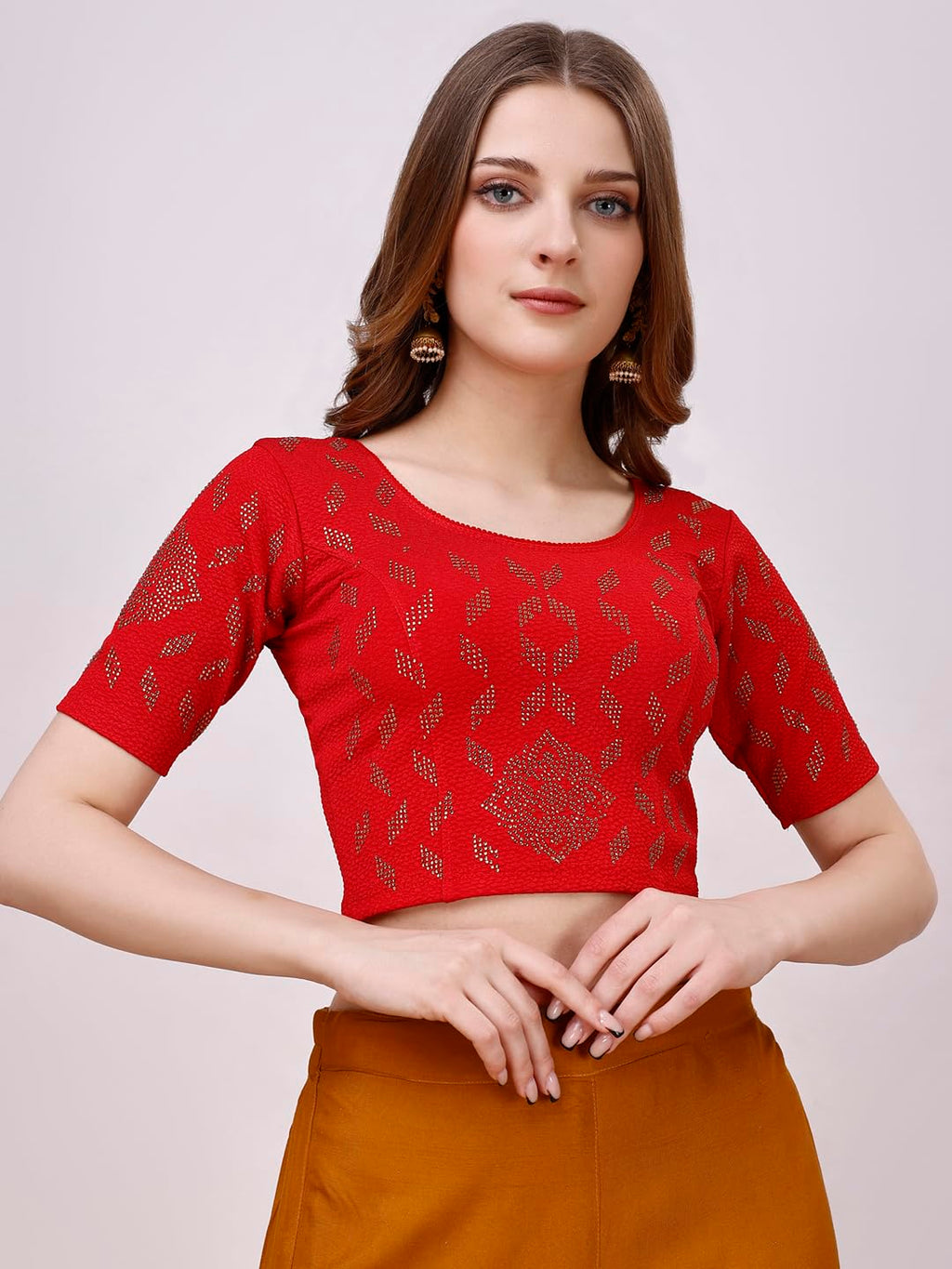 Pujia Mills WomenS Readymade Hosiery Lycra Stretchable Round Neck Half Sleeve Blouse With Swaroski Work Fancy Lycra Stretchable