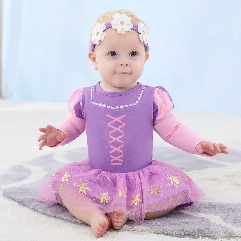 Dressy Daisy Baby Girls Princess Onesie Costume Romper Bodysuit Halloween Birthday Dress Up with Headband Purple