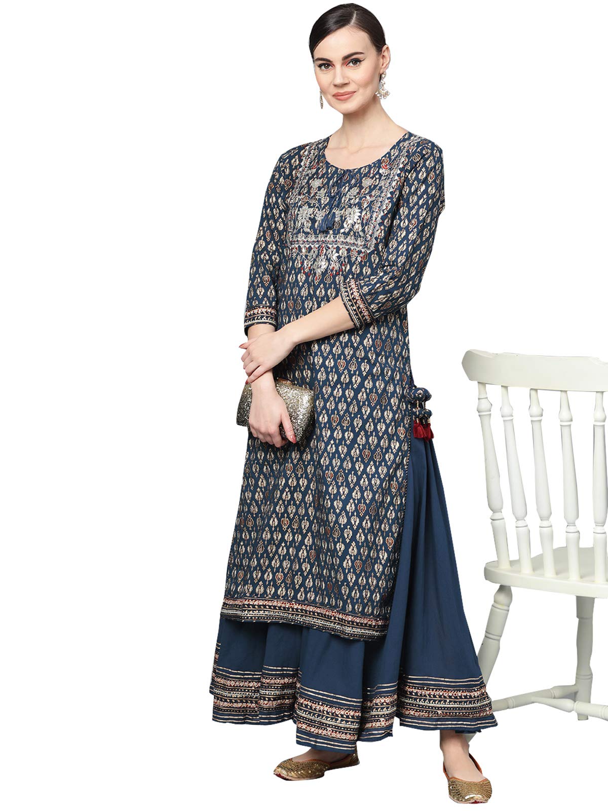 Ishin Women'S Cotton Navy Blue Embroidered A-Line Kurta Set With Palazzo