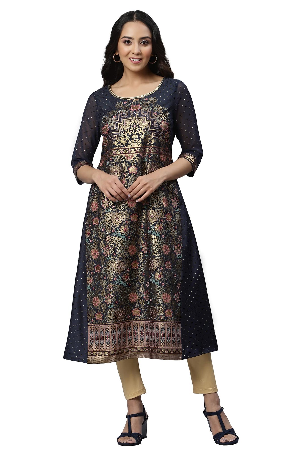 Aurelia WomenS Polyester Carbon Floral Round Neck Straight Kurta_22Aua12658-504861_2Xl