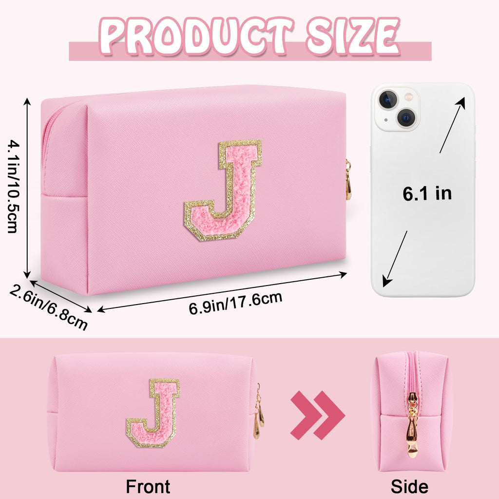 Personalized Preppy Small Travel Makeup Bag, Initial Chenille Letter Pink Makeup Bag Cosmetic Pouch Toiletry Organizer, PU Leath