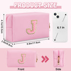 Personalized Preppy Small Travel Makeup Bag, Initial Chenille Letter Pink Makeup Bag Cosmetic Pouch Toiletry Organizer, PU Leath