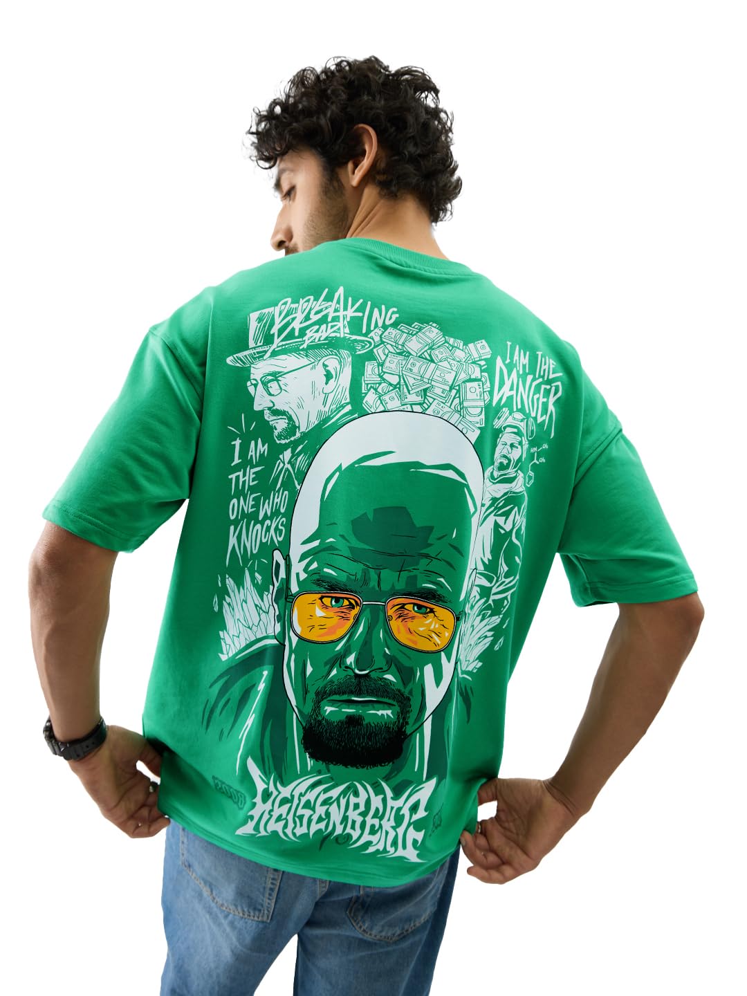 The Souled Store Official Breaking Bad Heisenberg Green Graphic Printed Cotton Oversized T-Shirts for Men and Boys - Iconic Shor